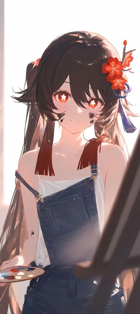 黑发少女花饰背带裤持调色盘艺术动漫手机壁纸