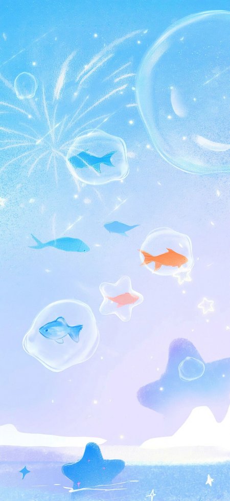 梦幻泡泡鱼与星星烟花浪漫插画创意手机壁纸