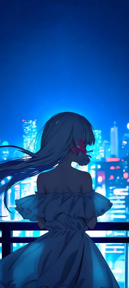 蓝发少女露肩裙背对霓虹城市夜景动漫手机壁纸