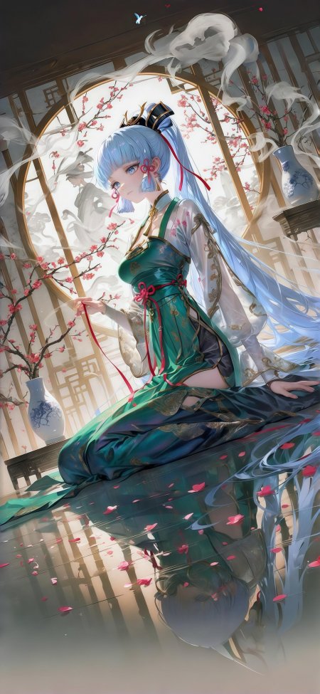 蓝发少女着绿金古风裙坐花枝下动漫手机壁纸