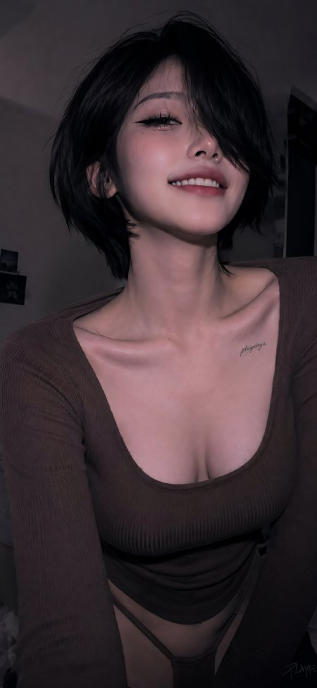 美女黑色短发微笑锁骨纹身时尚摄影手机壁纸
