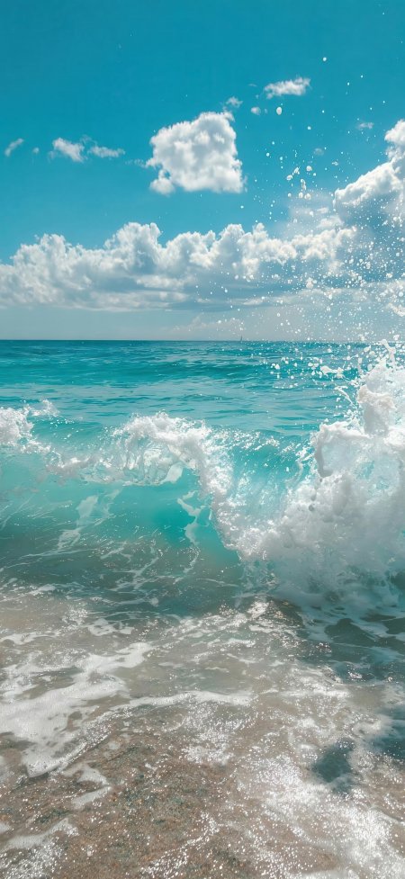 海浪拍打沙滩蓝天白云自然风光风景手机壁纸