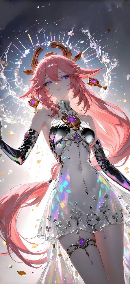 粉发少女着闪钻礼服抬手洒光动漫手机壁纸