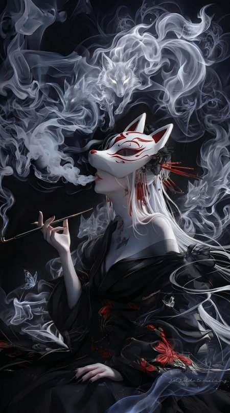 狐面少女与灵狐烟雾环绕暗黑系艺术插画动漫手机壁纸