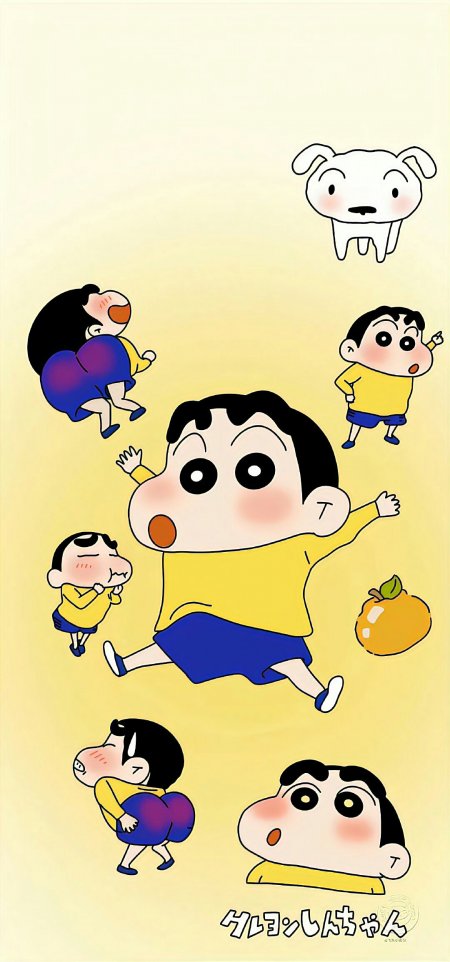 野原新之助多造型环绕小白黄色背景动漫手机壁纸