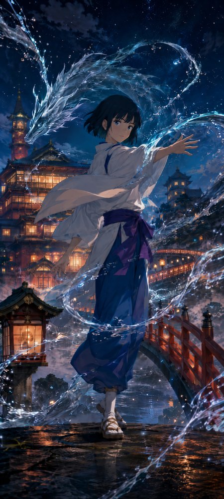 千寻与白龙水形共舞夜景奇幻动漫手机壁纸