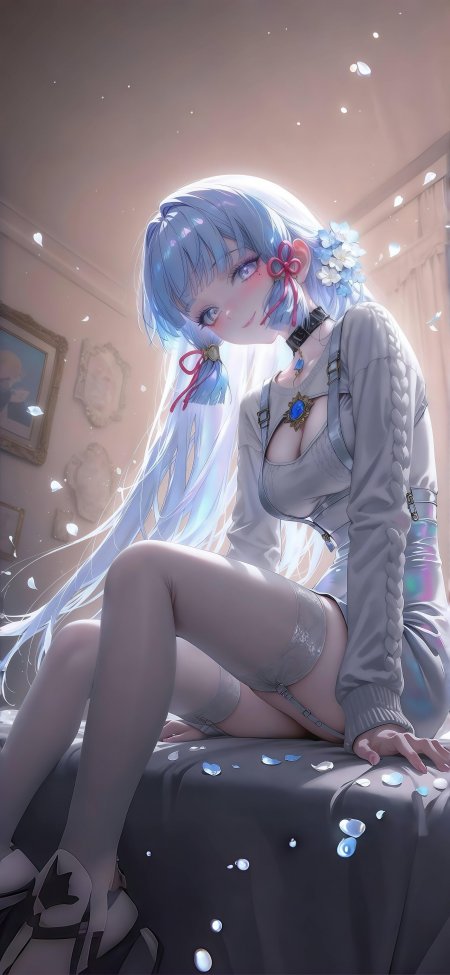 蓝发少女穿灰衣坐床边花瓣飘落动漫手机壁纸