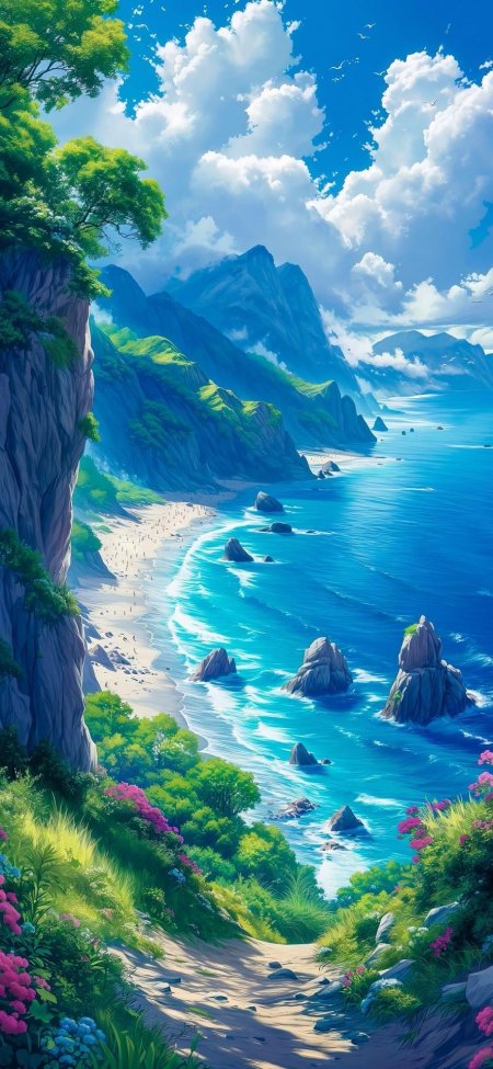 悬崖海岸线与碧海蓝天壮丽自然风光风景手机壁纸