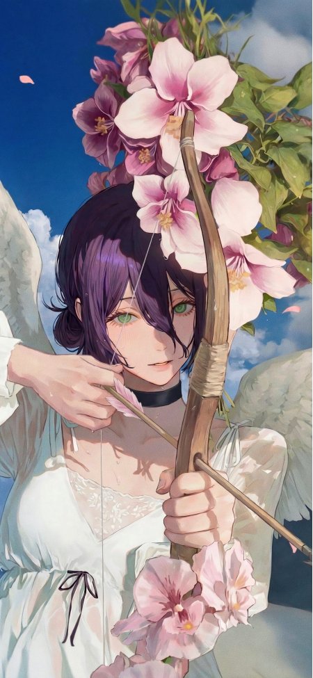 紫发少女持花弓蓝天白云背景天使动漫手机壁纸