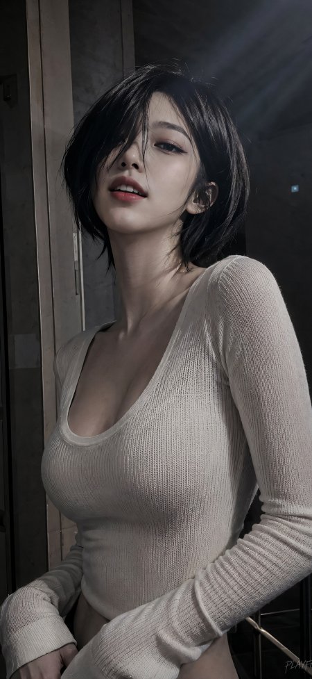美女黑色短发白色紧身衣光影艺术摄影手机壁纸