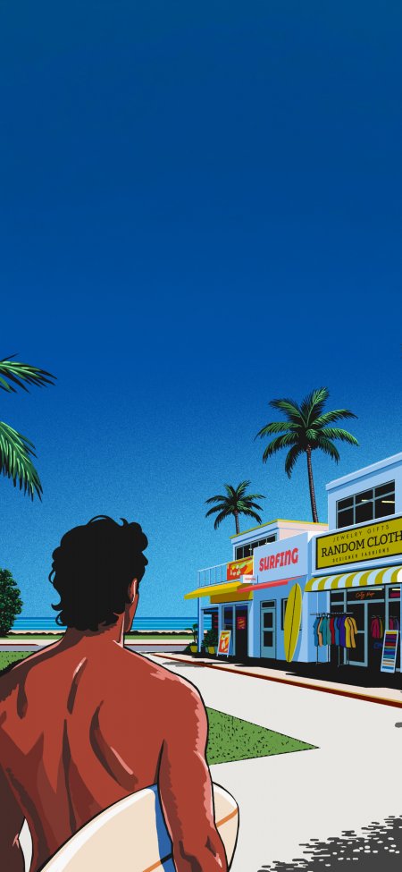 冲浪少年背影热带海滩商店插画动漫手机壁纸