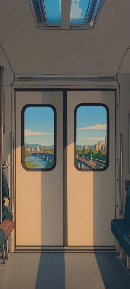 列车车窗城市河流风景插画动漫手机壁纸