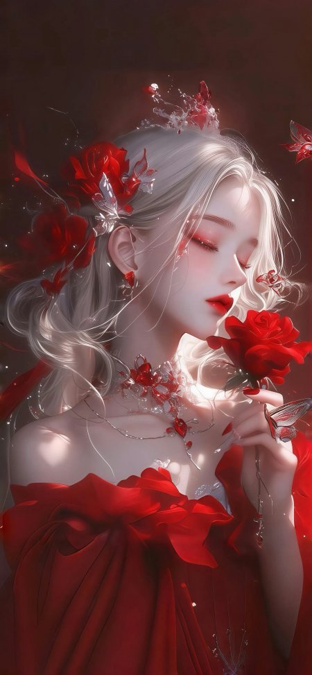 白发少女红裙捧玫瑰优雅动漫手机壁纸