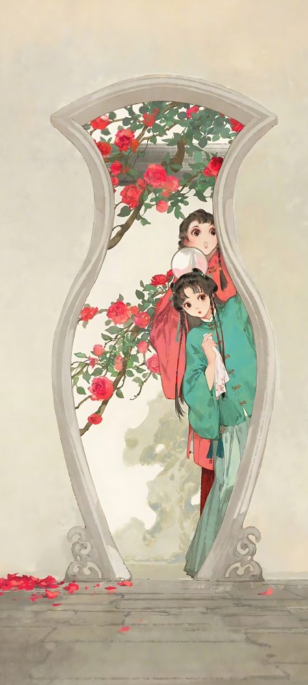 双少女古门框旁赏红玫瑰唯美古风动漫手机壁纸