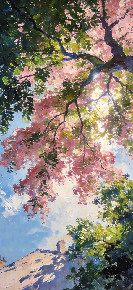 粉色花树阳光洒落油画风风景手机壁纸