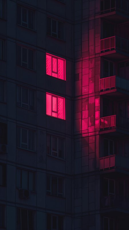 高楼红窗霓虹光影暗黑都市建筑创意手机壁纸