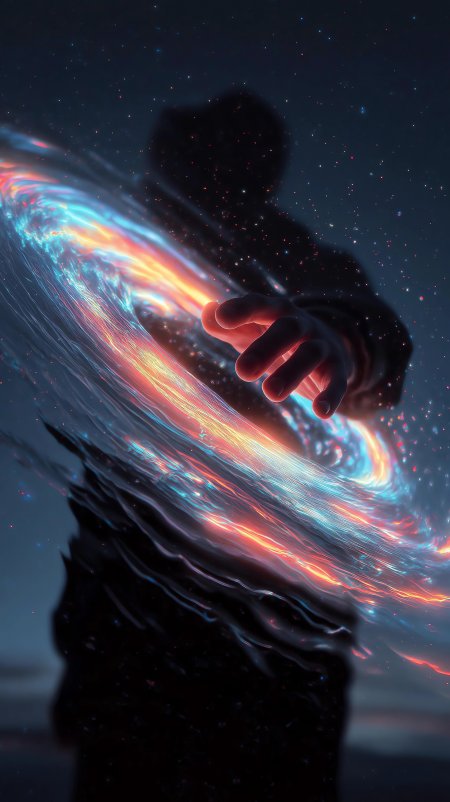 黑色人影伸手触碰彩色星河抽象创意手机壁纸