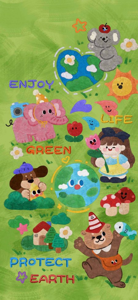 卡通动物女孩地球花朵环保主题插画手机壁纸