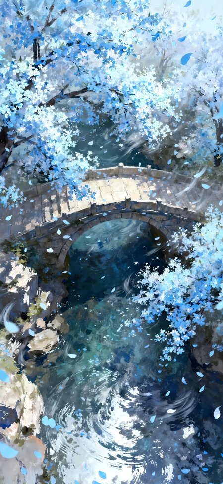 蓝花簇拥石拱桥溪流潺潺治愈风景手机壁纸
