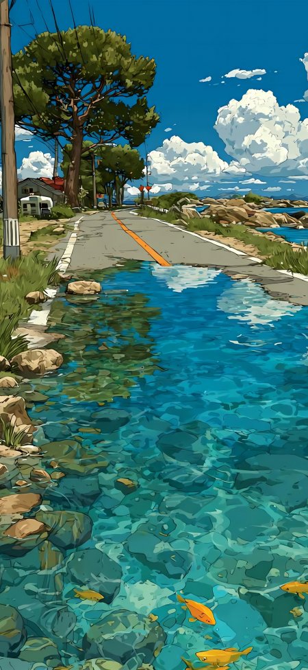 沿海公路被清澈海水淹没奇幻风景手机壁纸
