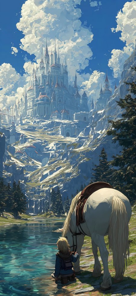 少年与白马远眺雪山城堡奇幻动漫手机壁纸