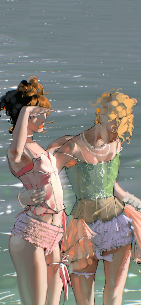 海边两位美女复古泳衣插画手机壁纸