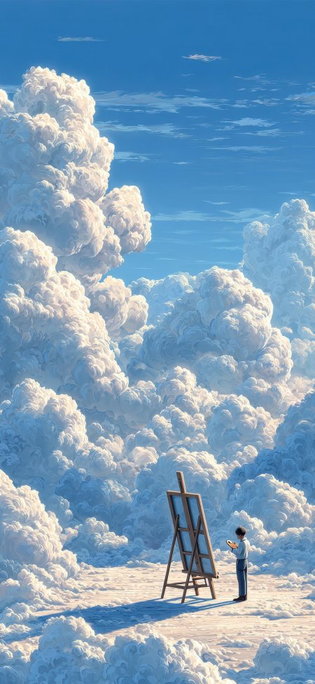 画家云海间架画板创作梦幻风景手机壁纸
