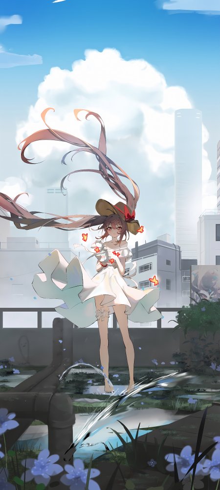 棕发少女白裙站水边城市背景清新动漫手机壁纸