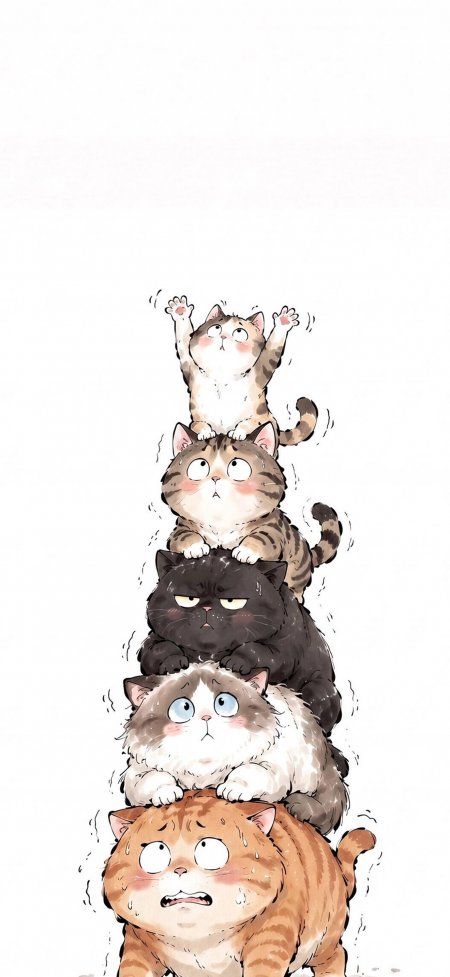 五只猫咪叠罗汉可爱插画动漫手机壁纸