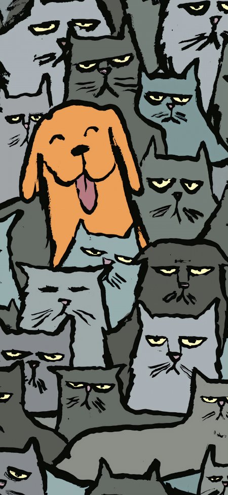 开心小狗被冷漠猫咪包围趣味动漫手机壁纸