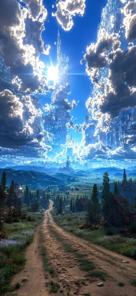 通往天空之城的乡间小路奇幻风景手机壁纸