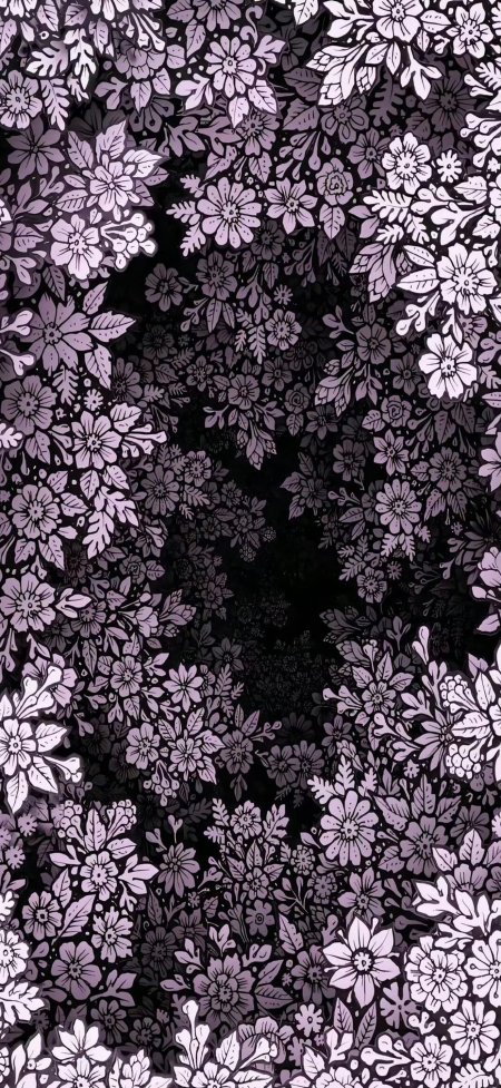 紫白花卉环绕黑色中心艺术插画创意手机壁纸