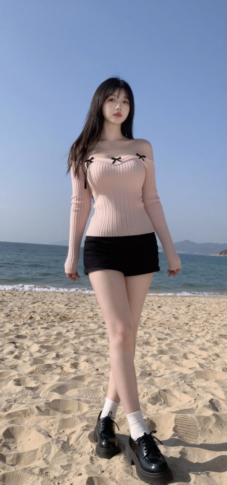 美女穿粉色露肩上衣黑色短裤站沙滩人物手机壁纸
