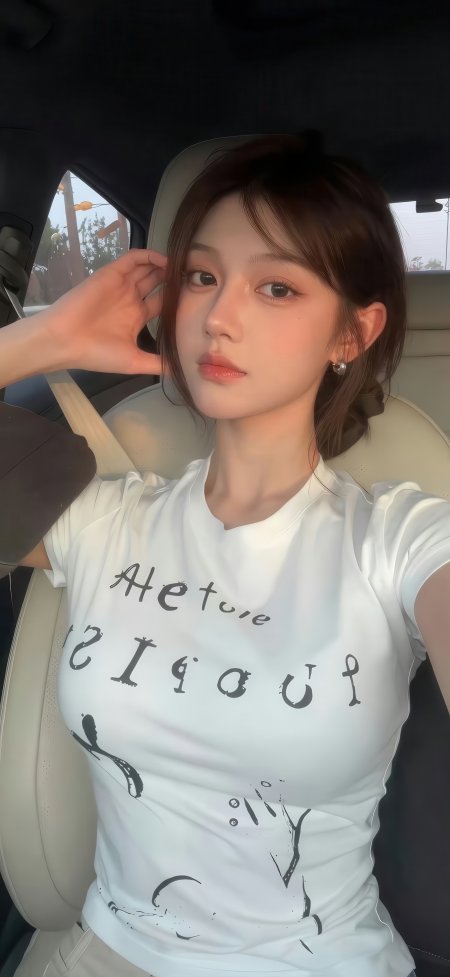 美女车内自拍穿白色字母T恤人物手机壁纸