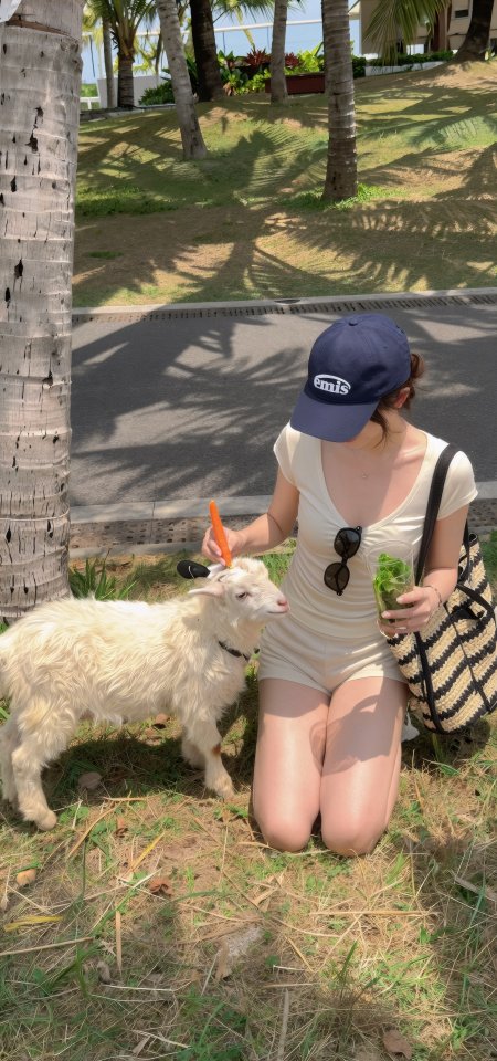 美女戴蓝帽穿米白连衣裙喂白色小羊人物手机壁纸
