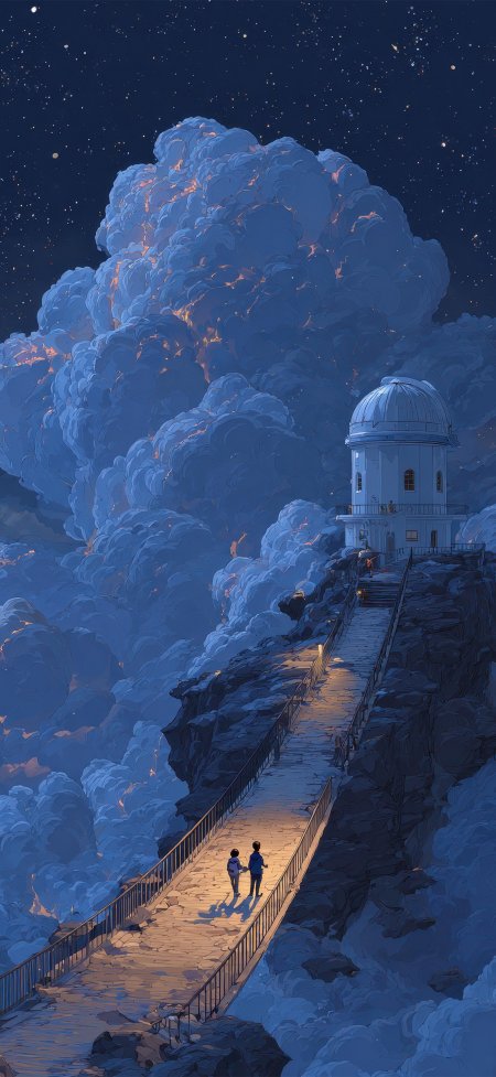 两人夜行通往山顶天文台小径奇幻风景手机壁纸