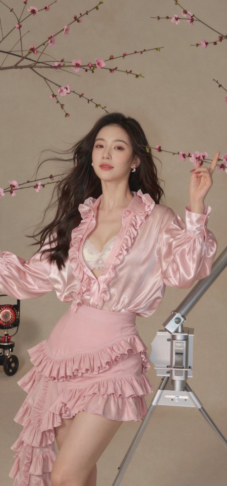 美女穿粉色荷叶边套装持花枝人物手机壁纸