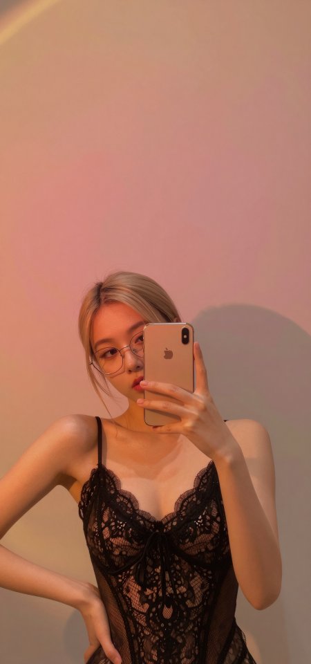 美女金发戴眼镜身穿黑色蕾丝吊带裙自拍人物手机壁纸