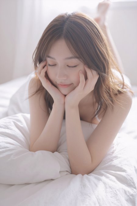 美女棕发托腮闭眼躺白色床上人物手机壁纸