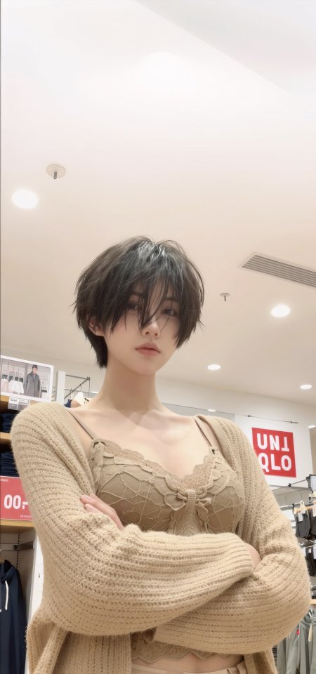 美女短发身穿米色蕾丝吊带外搭针织开衫人物手机壁纸