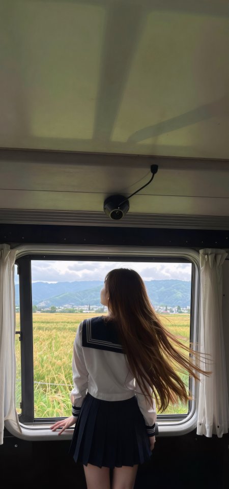 美女穿水手服站火车窗边望田野风景手机壁纸