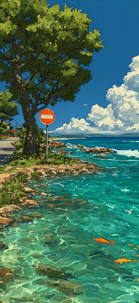 海岸边禁止通行标志旁绿树成荫风景手机壁纸