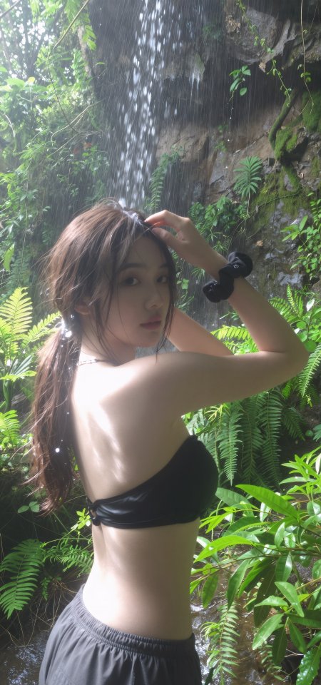 美女长发扎马尾身穿黑色抹胸站在瀑布前人物手机壁纸