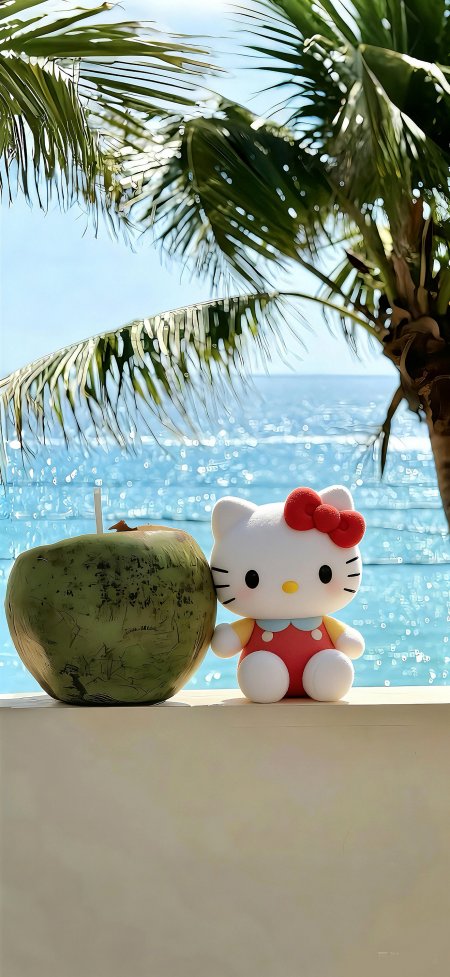 凯蒂猫椰子沙滩度假场景创意手机壁纸