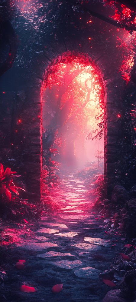 石拱门透红光森林小径神秘场景创意绘画手机壁纸