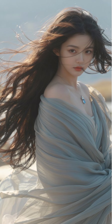 美女长发飘逸身穿浅蓝色露肩长裙风景手机壁纸