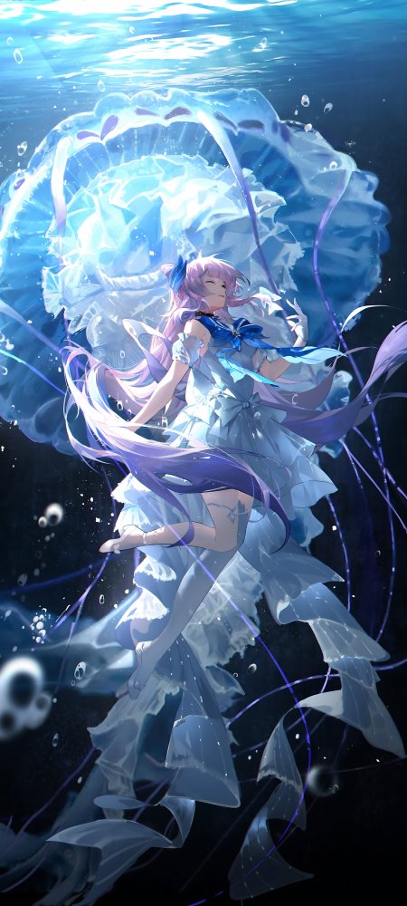 珊瑚宫心海水母环绕漂浮动漫手机壁纸