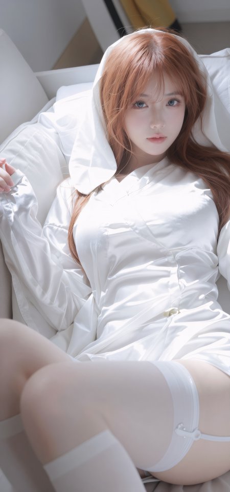 美女穿白色丝质连帽裙躺床上人物手机壁纸