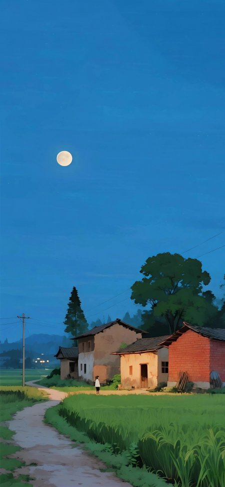 月夜乡村小路稻田房屋静谧温馨田园风光插画手机壁纸