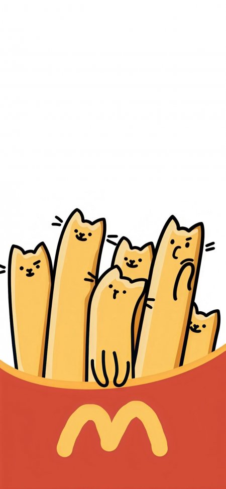 薯条盒里猫咪探头萌趣表情创意组合个性艺术插画手机壁纸